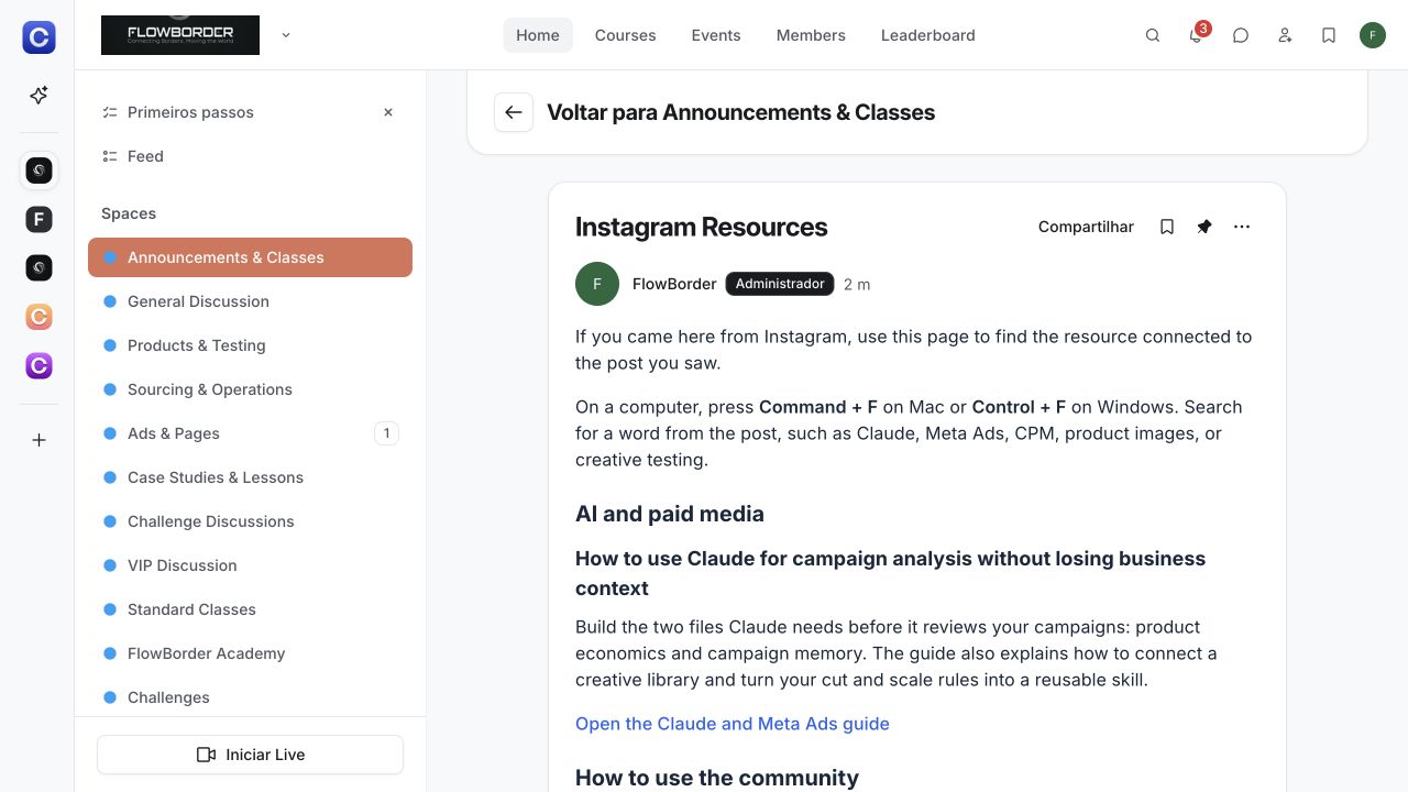 Página Instagram Resources dentro da Flow Border Community
